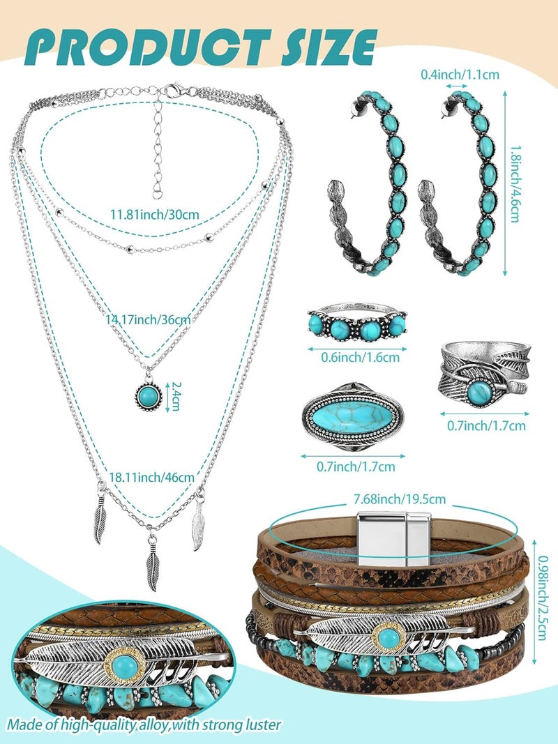 Ecally Store Bohemian Western Jewelry Turquoise Set Women Country Pendant Long Choker Layered Bracelets Earrings Ring for Women - Image 3
